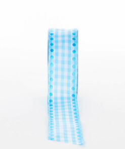 Ribbon Gingham Spot Blue Wire Edge Available In A Range of Different Width