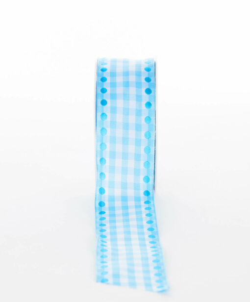 Ribbon Gingham Spot Blue Wire Edge Available In A Range of Different Width