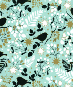 PAPER BIRDS AND LEAVES ICE BLUE/GOLD