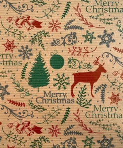 PRINTED RIBBED KRAFT WRAPPING PAPER MERRY CHRISTMAS MOTIFS