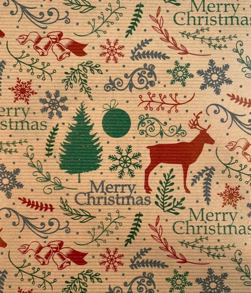 PRINTED RIBBED KRAFT WRAPPING PAPER MERRY CHRISTMAS MOTIFS