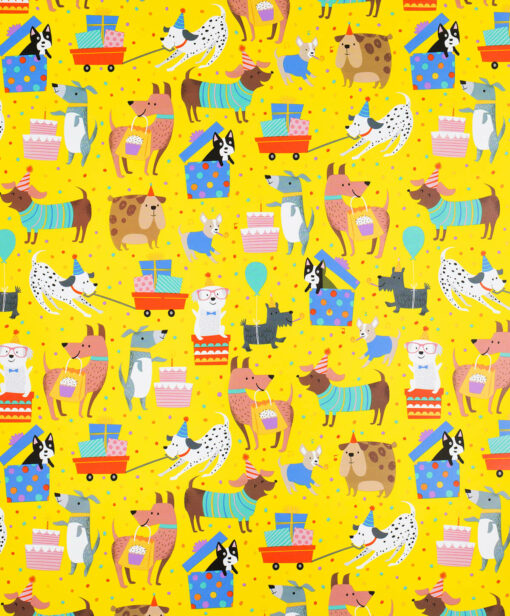 Printed Gloss Wrapping Paper Party Pups Yellow Available In Different Width and Length