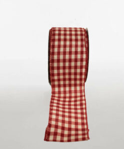 Printed Poly Ribbon Gingham Wire Edge Red Ecru Available In Different Widths
