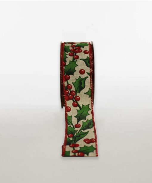 Printed Ribbon Holly Berry Natural Look Wire Edge Available In Different Width