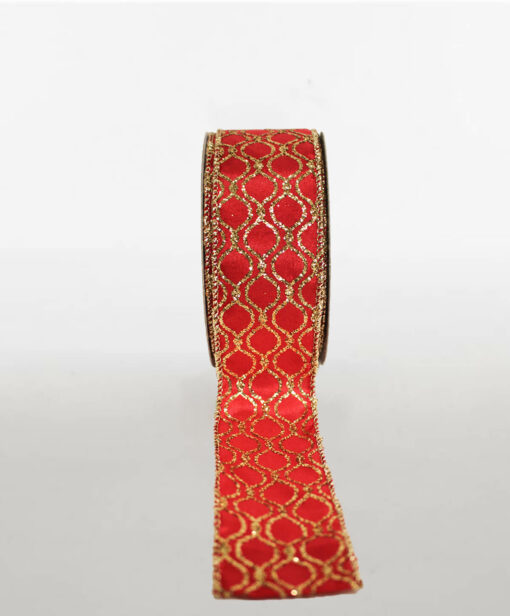 PRINTED TAFETTA RIBBON WIRE EDGE RED GOLD BAUBLES