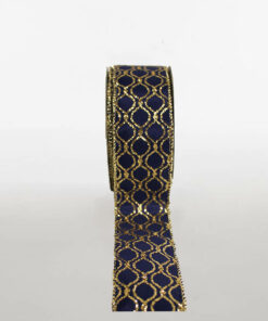 Printed Tafetta Ribbon Wire Edge Navy Gold Baubles Available In Different Widths