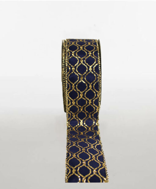 Printed Tafetta Ribbon Wire Edge Navy Gold Baubles Available In Different Widths
