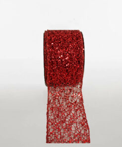 Printed Ribbon Sparkle Mesh Metallic Red Wire Edge Available Only In One Size