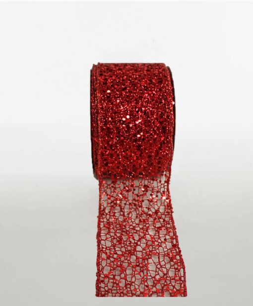 Printed Ribbon Sparkle Mesh Metallic Red Wire Edge Available Only In One Size