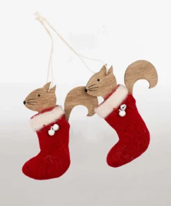 wooden squirrel in a sock hanging