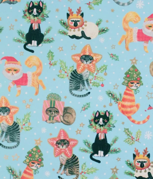 Festive Crazy Cats Christmas wrapping paper, featuring adorable felines in decorative hats against a light blue background.