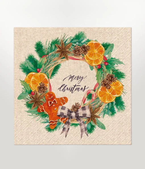 eco-friendly napkin lunch size featuring a merry christmas message and a christmas wreath filled with gingerbead men, oranges, cinnamon sticks, candy canes, pine cones and other festive items