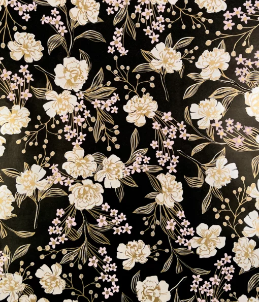 This image depicts an elegant and intricate floral pattern on a dark background. The design features large, luxurious white/cream and light pink flowers with delicate gold accents. The flowers are surrounded by lush, flowing leaves and stems. Smaller pink flowers, buds, and gold accents are scattered throughout. The combination of the dark background and the warm, luxurious tones of the flowers and foliage gives the design a sophisticated, refined, and opulent feel, making it well-suited for high-end or luxury gift wrapping, as well as events such as Mother’s Day and birthday throughout the year.