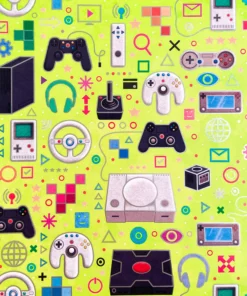 printed gloss wrapping paper gaming controllers green. featuring gaming consoles, devices, and symbols on a neon green background.