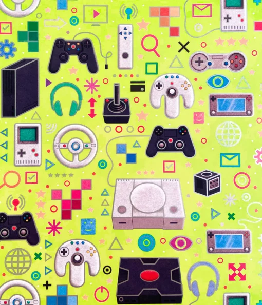 printed gloss wrapping paper gaming controllers green. featuring gaming consoles, devices, and symbols on a neon green background.