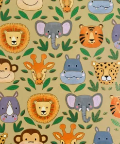 printed gloss wrapping paper jungle faces multi. featuring cute illustrations of jungle animals with leaves on a beige/greenish background.