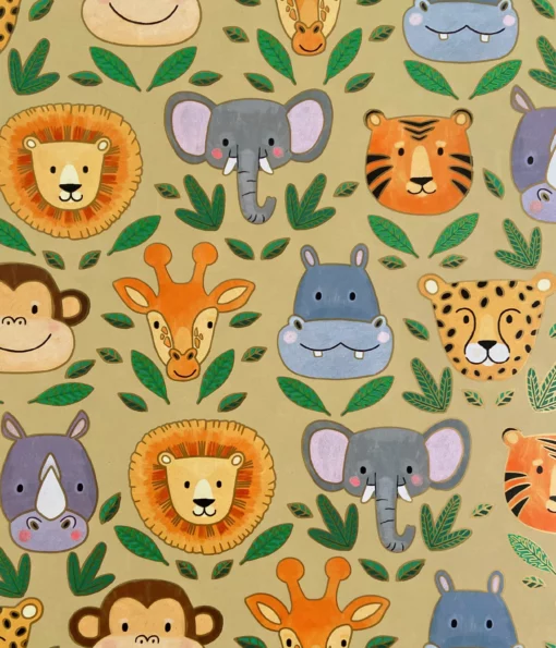 printed gloss wrapping paper jungle faces multi. featuring cute illustrations of jungle animals with leaves on a beige/greenish background.