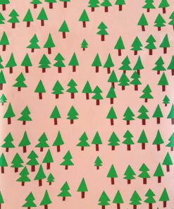 A rich blush pink wrapping paper printed with emerald triangle trees. A modern and contemporary design.