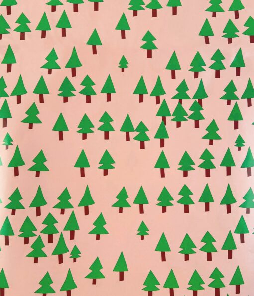 A rich blush pink wrapping paper printed with emerald triangle trees. A modern and contemporary design.