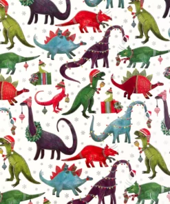 Dino Xmas Party design, featuring vibrantly coloured dinosaur illustrations on a crisp white background.