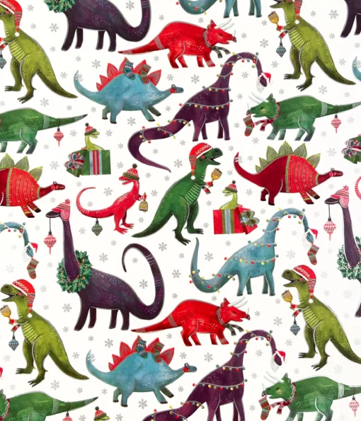 Dino Xmas Party design, featuring vibrantly coloured dinosaur illustrations on a crisp white background.