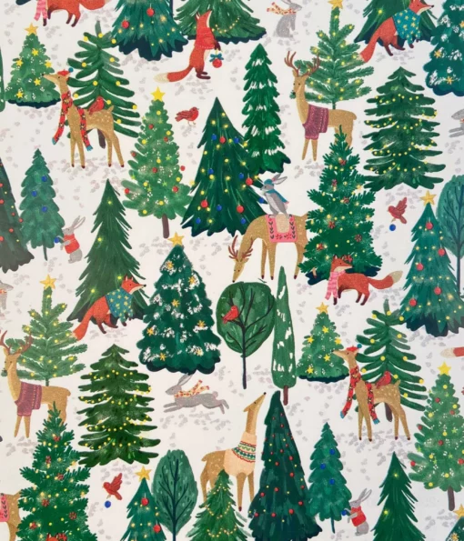 This image depicts a vibrant, whimsical Christmas-themed wrapping paper design. The background is a light off-white colour, and it is adorned with various forest elements such as evergreen trees of different sizes, decorated with ornaments and lights. The trees are surrounded by various woodland creatures, including deer, foxes, rabbits, and other animals. The overall design has a playful, festive feel with the colourful decorations and lively animal characters. The high-quality gloss finish and European origin of the wrapping paper further add to its luxurious and enchanting appearance, perfect for making Christmas gifts look extra special.