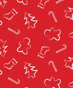 This image shows a seamless pattern of Christmas-themed shapes and symbols in white against a vibrant red background. The design features various shapes such as Christmas trees, candy canes, and gingerbread men, creating a festive and whimsical overall look.