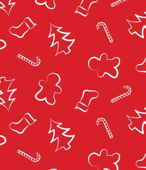 This image shows a seamless pattern of Christmas-themed shapes and symbols in white against a vibrant red background. The design features various shapes such as Christmas trees, candy canes, and gingerbread men, creating a festive and whimsical overall look.