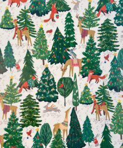 This image depicts a vibrant, whimsical Christmas-themed wrapping paper design. The background is a light off-white colour, and it is adorned with various forest elements such as evergreen trees of different sizes, decorated with ornaments and lights. The trees are surrounded by various woodland creatures, including deer, foxes, rabbits, and other animals. The overall design has a playful, festive feel with the colourful decorations and lively animal characters. The high-quality gloss finish and European origin of the wrapping paper further add to its luxurious and enchanting appearance, perfect for making Christmas gifts look extra special.