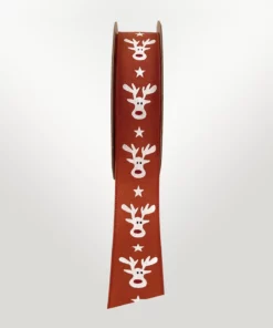 printed ginger coloured ribbon featuring a rudolph the reindeer design with white stars. perfect for christmas gifts.