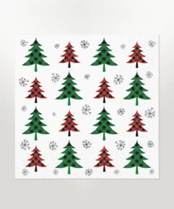 napkin lunch size featuring a structured christmas tree and snowflake design. the christmas trees have a check design in them are are red and green.