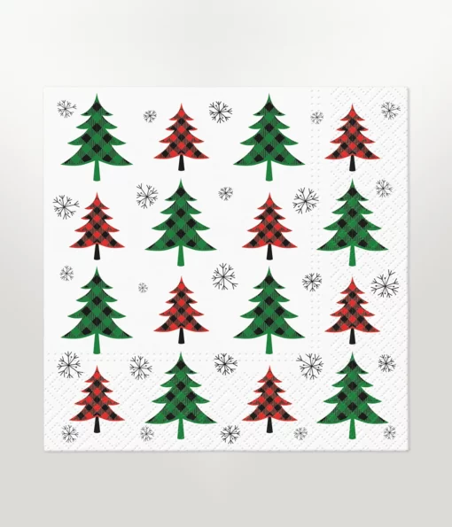 napkin lunch size featuring a structured christmas tree and snowflake design. the christmas trees have a check design in them are are red and green.