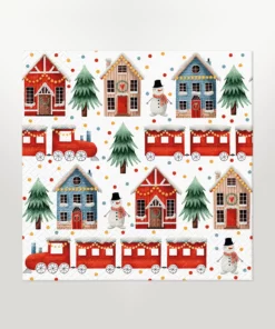 napkin lunch size featuring a cozy christmas town design with christmas trains, christmas trees, snowmen, decorated houses, and spots on a white background