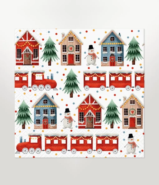 napkin lunch size featuring a cozy christmas town design with christmas trains, christmas trees, snowmen, decorated houses, and spots on a white background