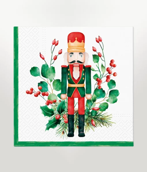 napkin lunch size featuring christmas design of a nutcracker with flora on a white background