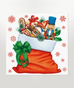 napkin lunch size featuring illustration design of a large christmas stocking filled with christmas items such as a nutcracker, pine needles, candy canes, and christmas presents on a white background