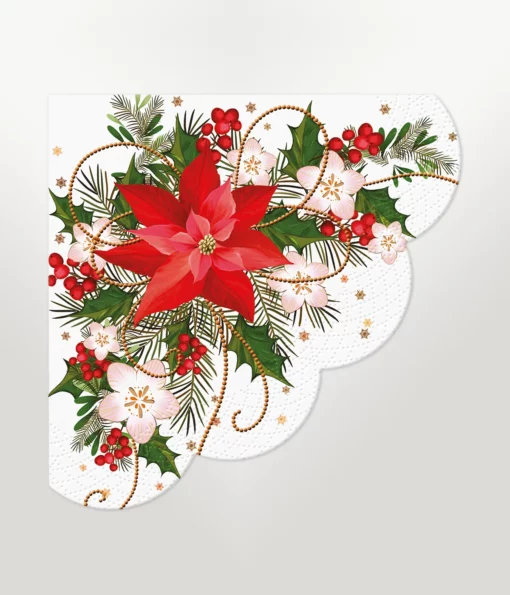 round shaped napkin featuring christmas poinsettia design on a white background