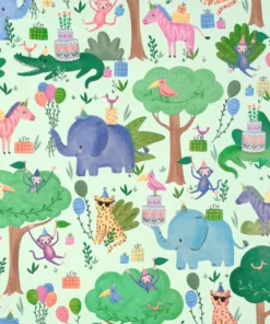 PRINTED GLOSS WRAPPING PAPER PARTY ANIMALS IN THE JUNGLE GREEN