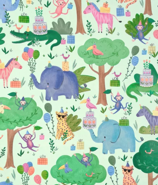 PRINTED GLOSS WRAPPING PAPER PARTY ANIMALS IN THE JUNGLE GREEN